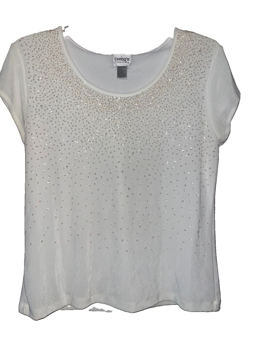 Chico’s Women’s White Blouse With Sequin Embellished Pieces Sz 2 Large Layered